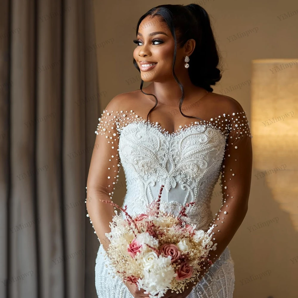 Applique Aso Ebi Wedding Dresses 2026 Pearls Full Sleeve Crystals Bride Gowns For African Women Mermaid Button Back Customized
