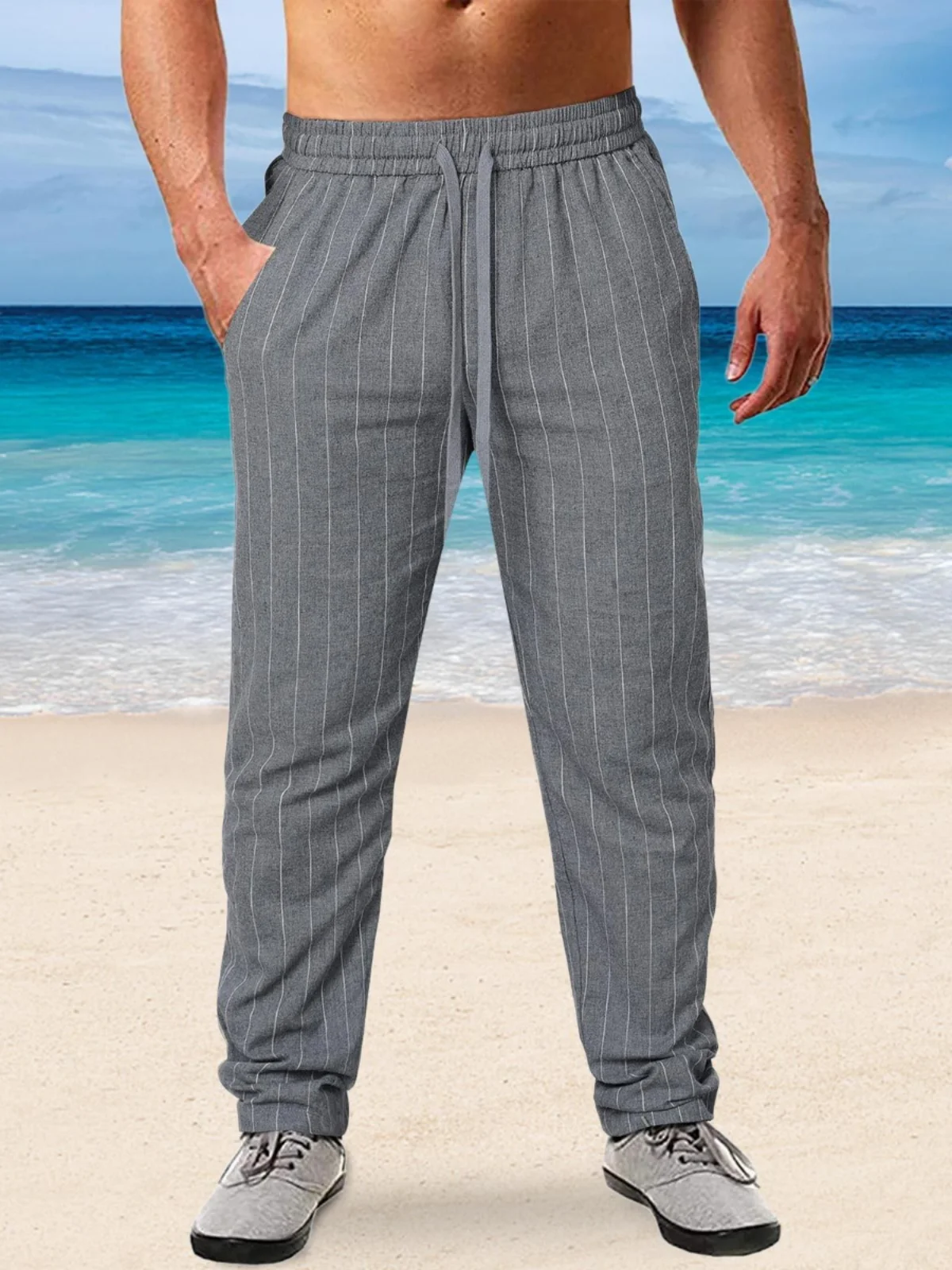 

Men's Casual Striped Printed Long Pants Straight Leg Polyester Fiber Breathable Youthful Sle Four Seasons Universal