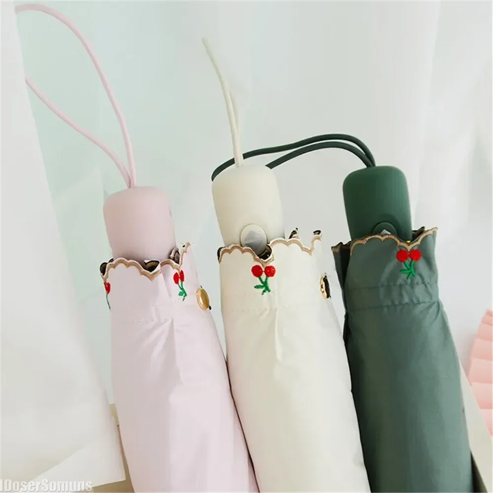 Embroidered Lace Three-Folding Automatic Umbrella Vinyl UV Protection Sunny and Rainy Dual Use Parasol Sun Shade