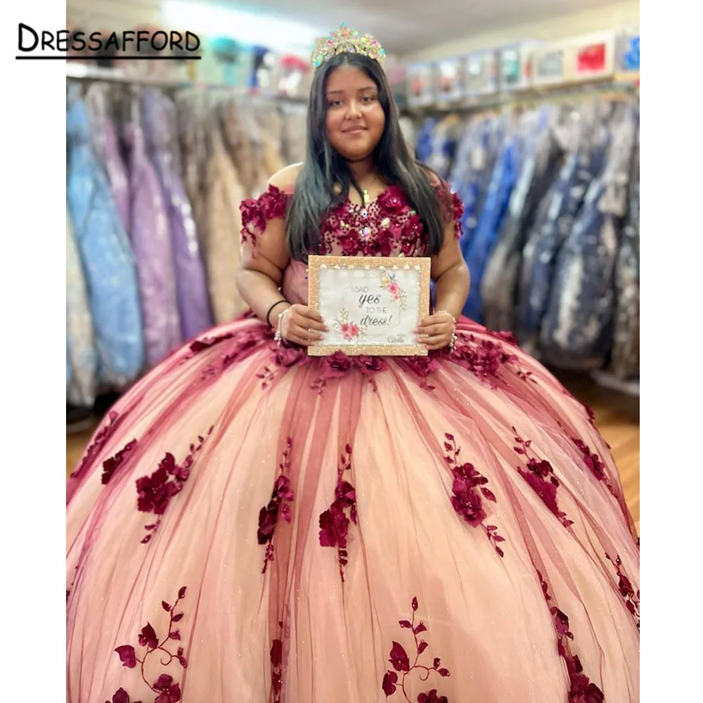 Burgundy Princess Quinceanera Dresses 2022 Lace Appliques 3D Flowers Beads Backless Pageant Party Sweet 15 Ball Gown