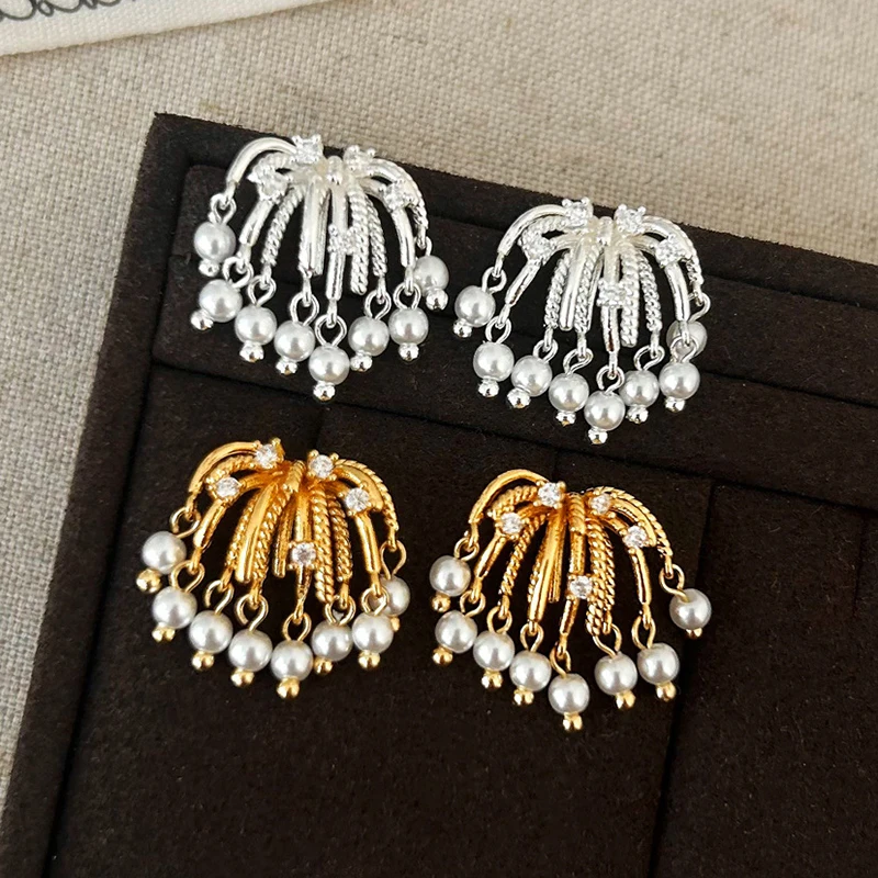 

PONYKISS 925 Sterling Silver 18K Gold Zircon Pearl Flower Stud Earrings for Women Minimalist Fine Jewelry Cute Plant Accessories