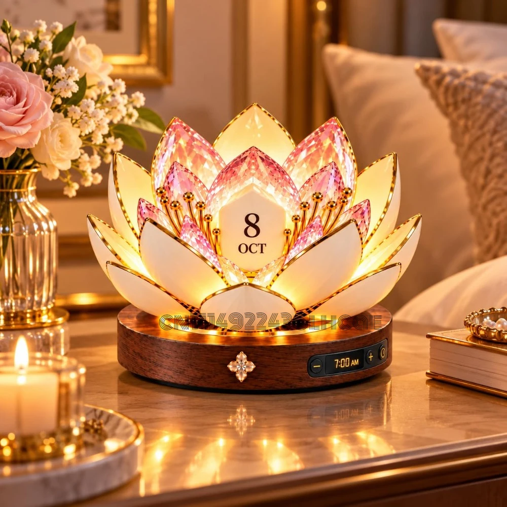 Automatic Blooming Perpetual Calendar Timeless Flower Blooming Lotus Calendar with Date Display, Digital Clock Warm LED Glow