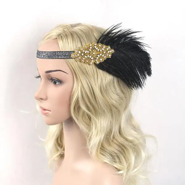 Vintage Woman Elastic Feather Headband 1920s Gatsby Party Charleston Party Rhinestone Forehead Decorations