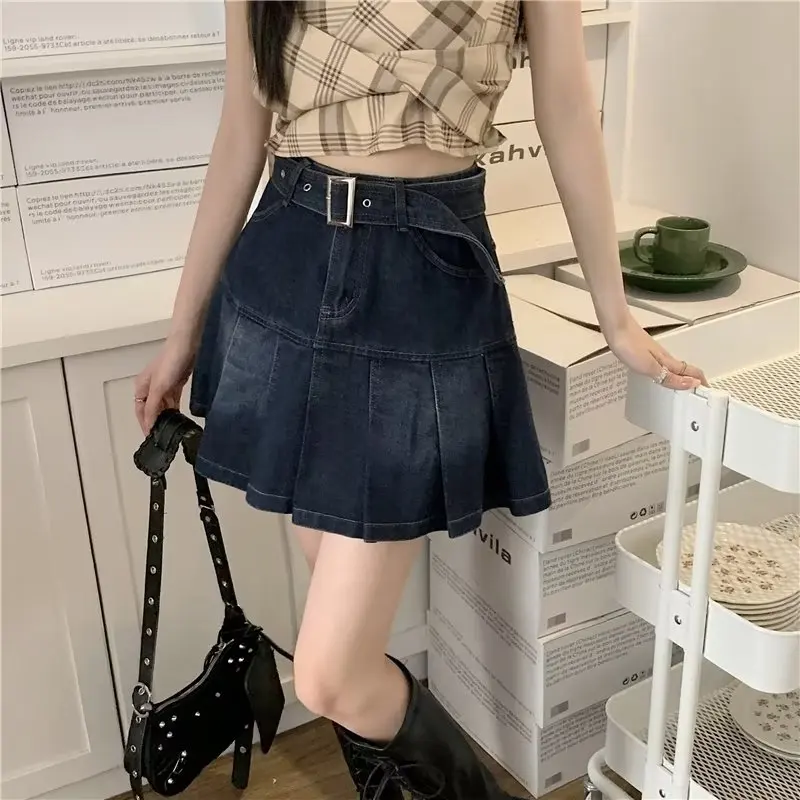 falda de Mezclilla de Cintura Alta con Corte en A para Mujer, Falda Corta Ajustada y Evase de Media Longitud, Estilo Core...