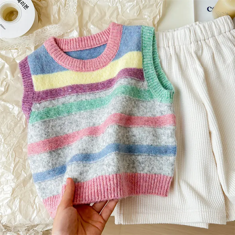Girls' Colorful Striped Sweater Vest 2024 Autumn New Korean Version Clothing Kids Versatile Knitted Sweater Children's Top