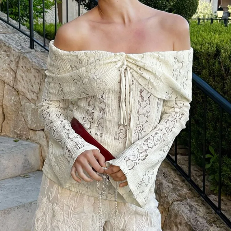 

Talenza Fashion Lace Blouse Women's Elegant Sexy Off-Shoulder Lace Top Solid Lace-Up Hollow Out Slim Party Looks Female Shirt