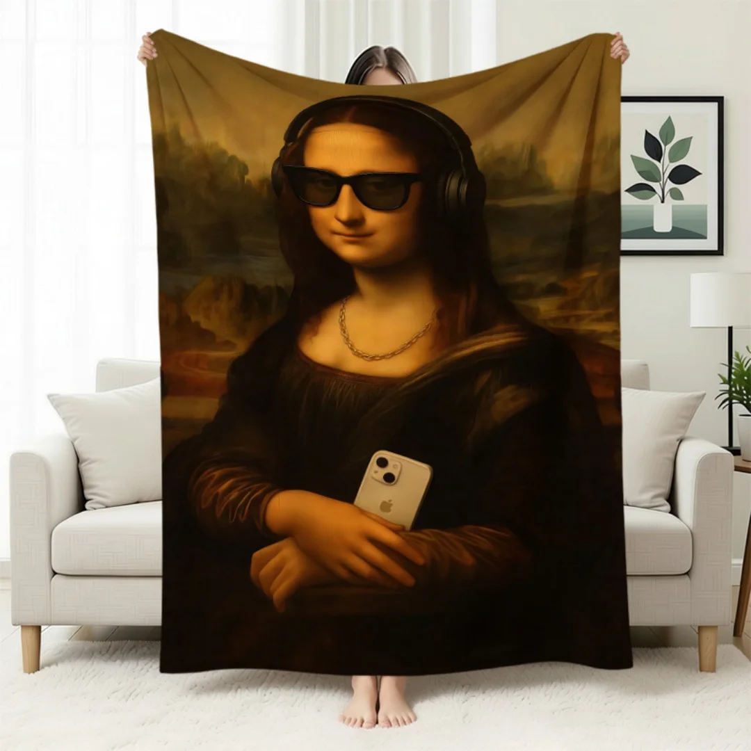 Soft Flannel Blanket Graffiti Mona Lisa Pattern Throw Blanket for Couch Bedroom Office Nap  Cozy Cover Blanket for Home Use
