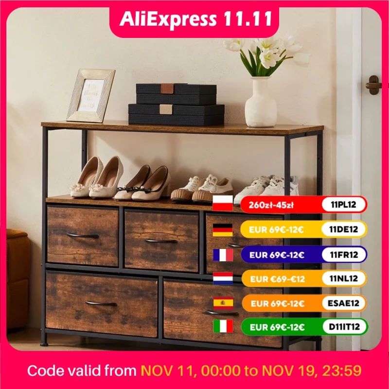 JHK Shoe Cabinet Dresser With 5 Fabric Drawers Toy Storage TV Stand Multilayer Shoe Rack Space Saving Cabinet Of Home Furniture