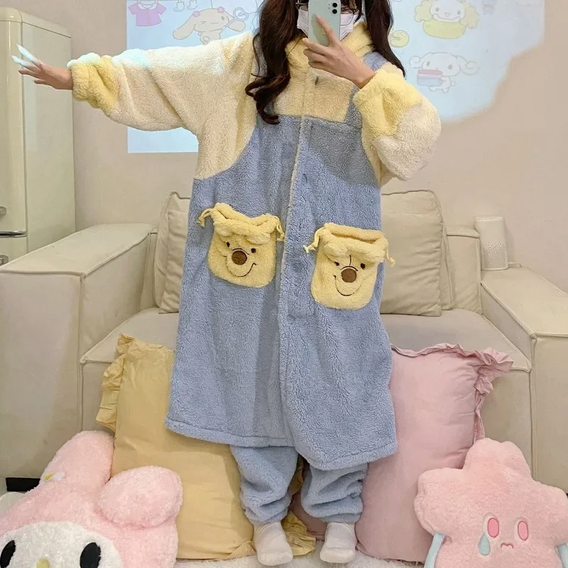 Disney Pooh Bear creative cute cartoon thickened velvet nightgown personalized kawaii anime movie character warm home clothing