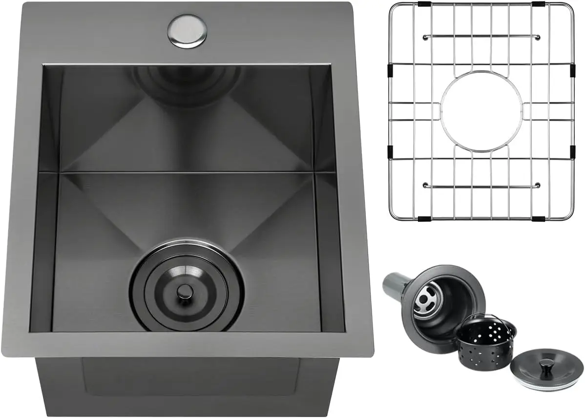 

13" Handmade Black Bar Workstation Sink, 13" x 15" x 9" Stainless Steel Matte Nano Black Topmount Single Bowl Small Kitchen·Hot