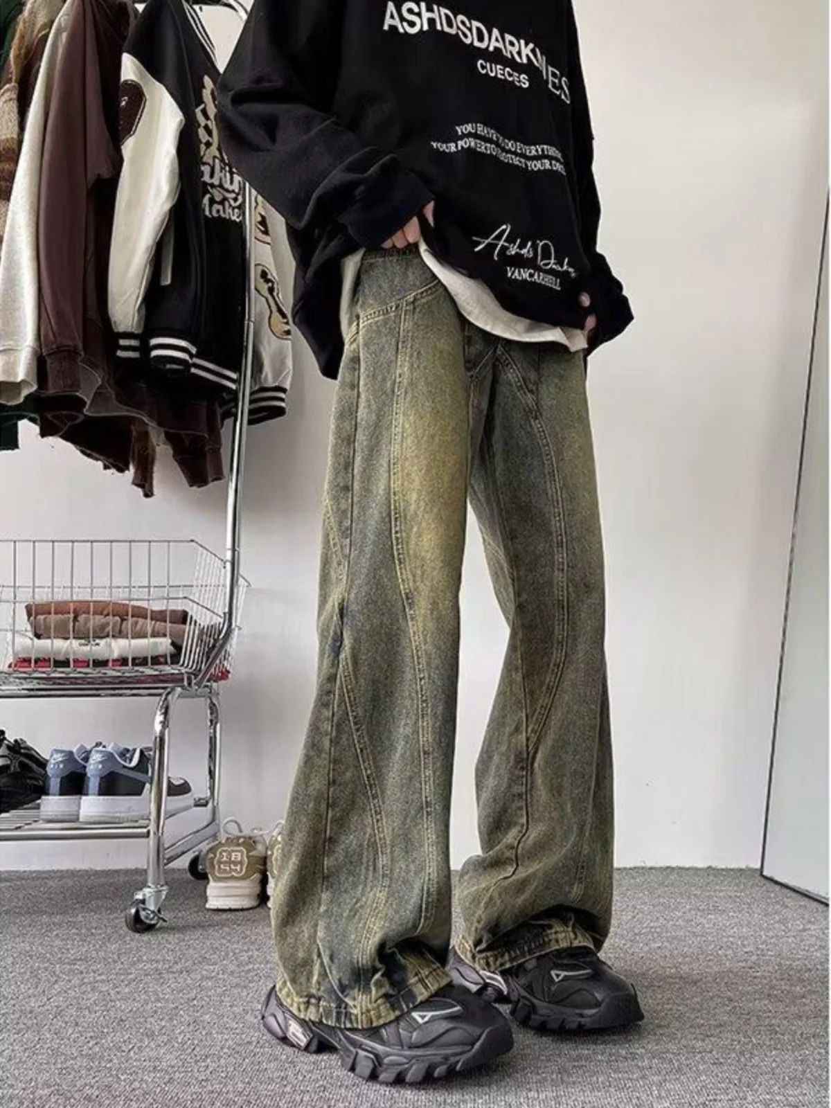 

Мужские джинсы Waed American Sle из желтой глины High Street Vibe, прямые расклешенные брюки, модные брендовые уличные крутые брюки