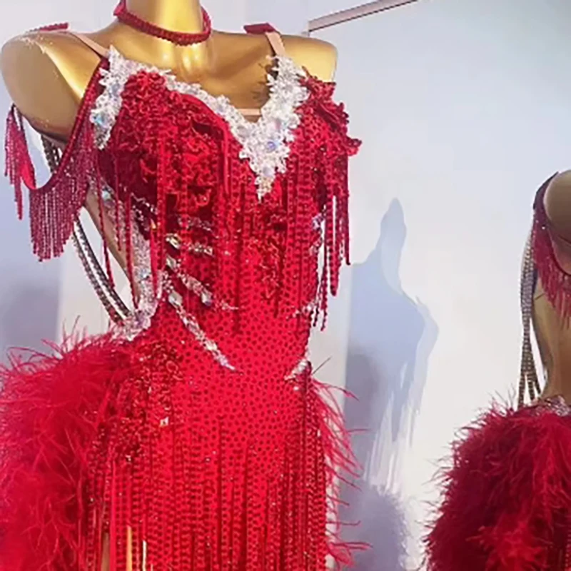 

Женский элитный костюм для соревнований по латинским танцам на заказ, кружевной слинг с цветочным принтом, пушистый хвост, костюм для выступлений самбы, платье Блэкпула