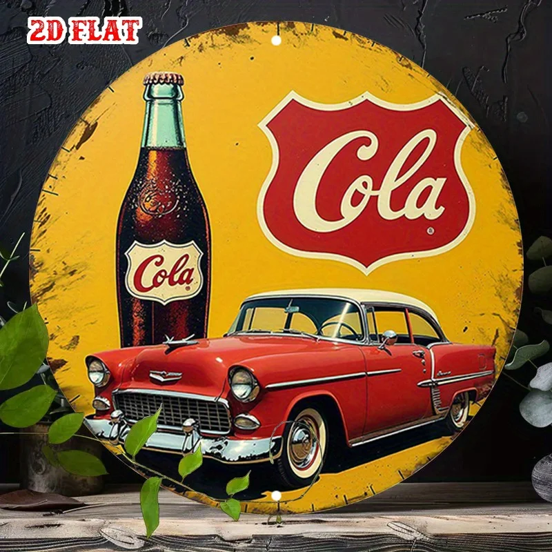 2D Flat, 1 Stück Vintage Red Car & Cola Beverage Metallblechschild – 7,87 x 7,87 runde Aluminium-Wandkunst, rustikales klassisches Auto-Design für H