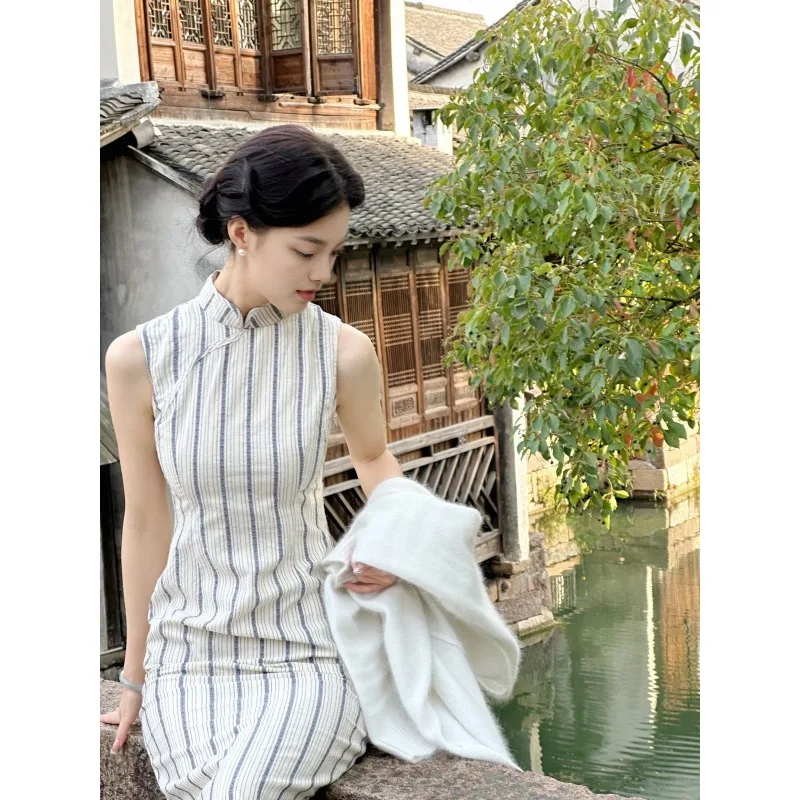 Summer Beige Striped Cheongsam New Chinese Style Long Sleeveless Waist Cinched Slimming Elegant Bodycon Qipao Dress CH-146 - view 5