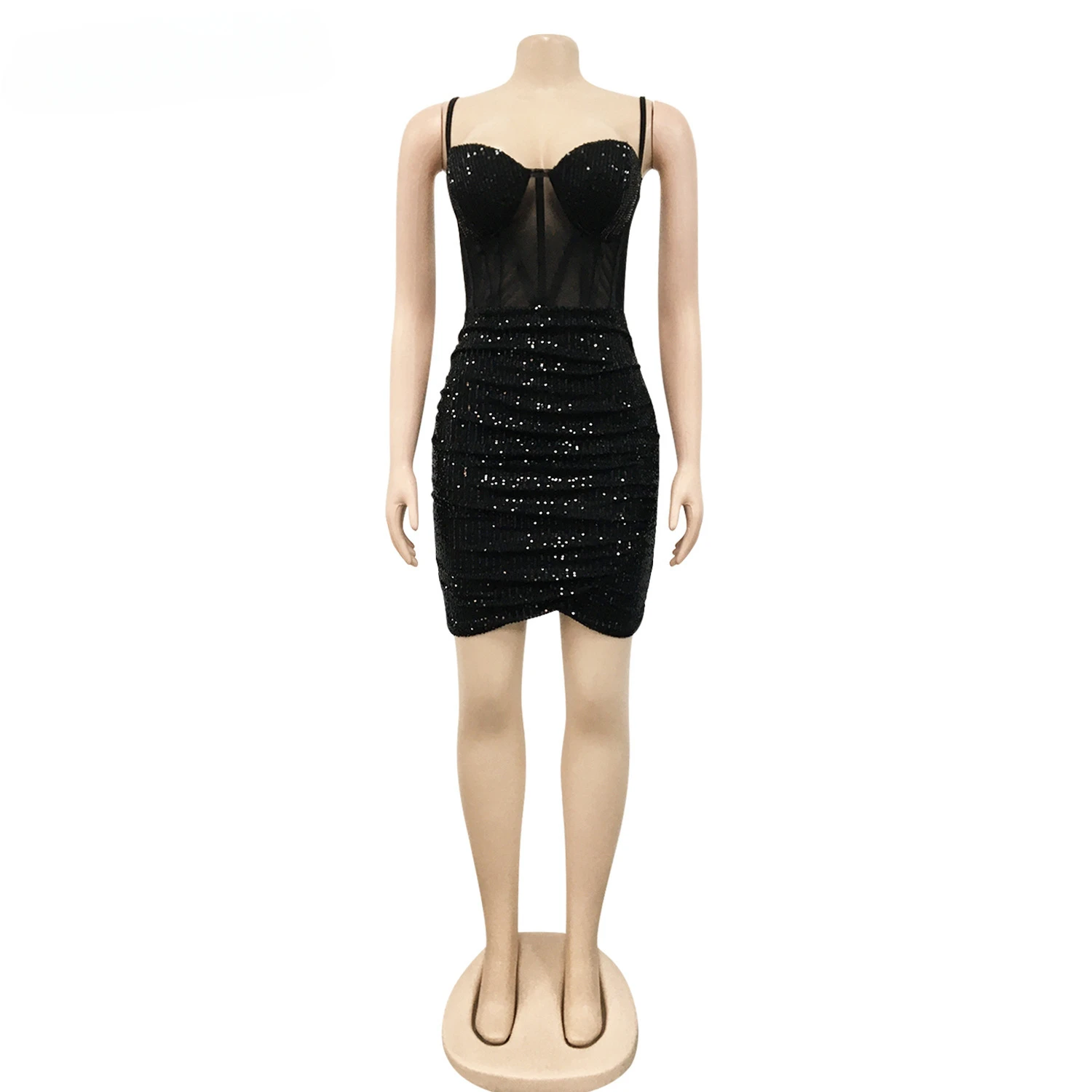 Women Mini Dress Solid Mesh Sequins Strap Bodycon Dresses Sexy Night Club Party Vestidos Stylish Outfits Summer 2021