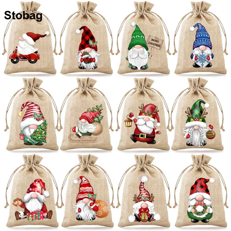 

StoBag 12pcs One Set Merry Christmas Linen Drawstring Bag Small Gift Storage Packaging Bundle Pocket Kids Child Pouch Party