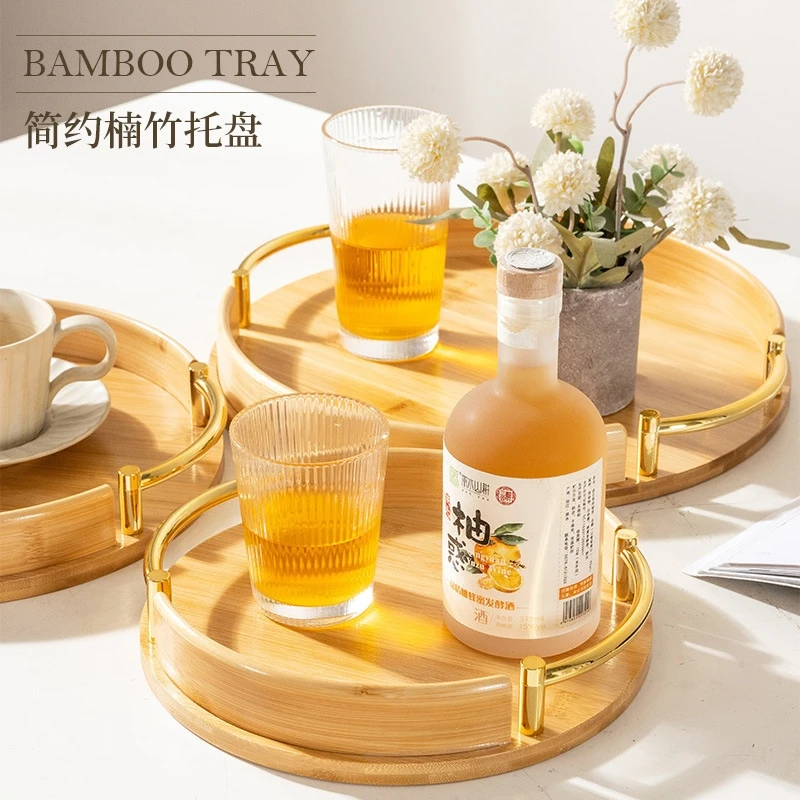 

Minimalist Bamboo Round Tray With Handles For Home Restaurant Tea Set Pastries Fruit Serving Table Decor Gift For Tea Lovers