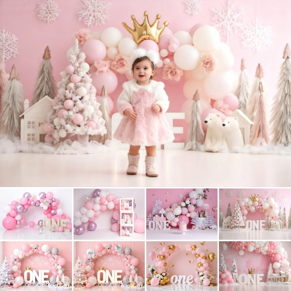 Pink Balloon Girl First Birthday Party Backdrop Balloons Baby Shower Cake Smash Photography Background Decor Photo Studio Prop