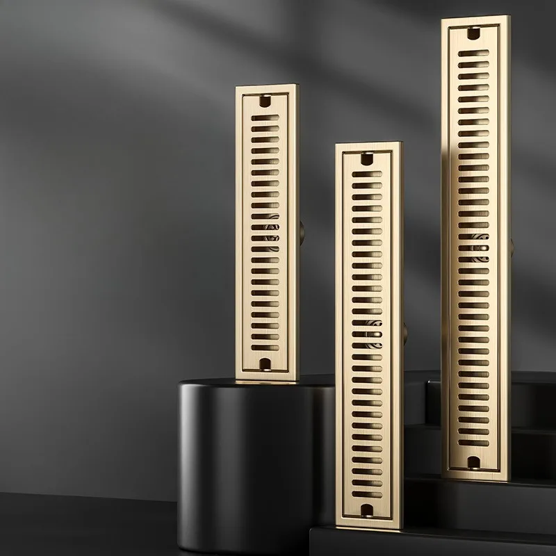 

Слив для пола из нержавеющей стали 304, большой объем, душевая комната с золотой длинной полосой и защитой от запаха, балкон, прямоугольная ванная комната