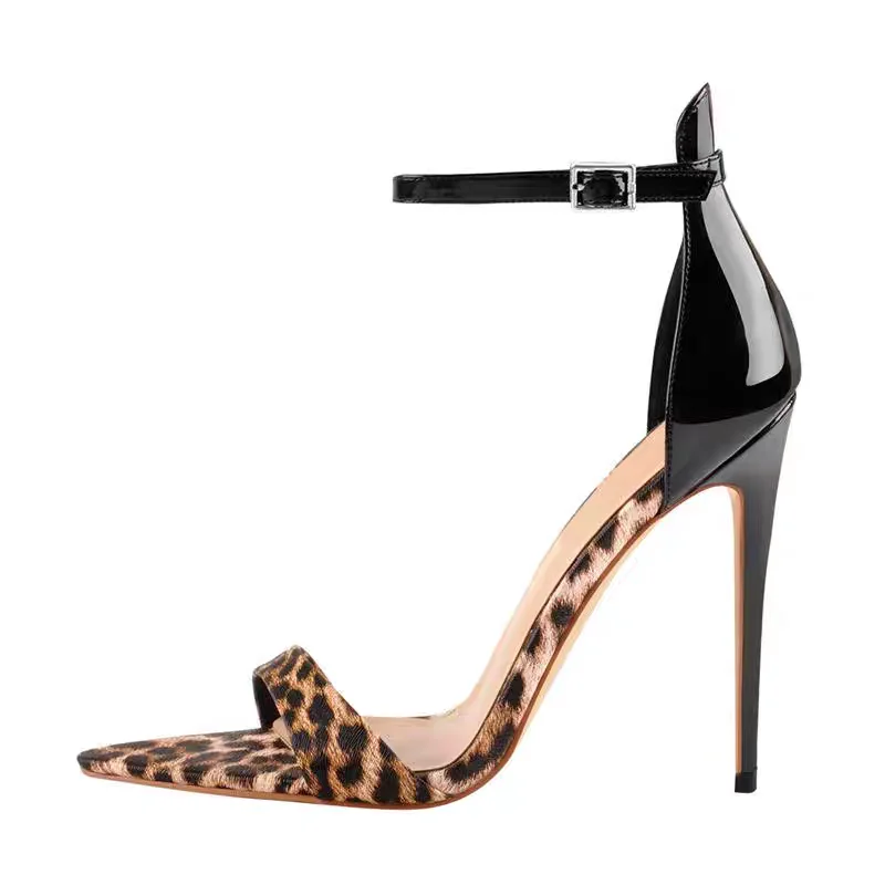 12cm High Heeled Sandals,Sexy Leopard Summer Shoes,Open Toe,Cover Back Ankle Buckle Strap,Customized Colors and Height 16cm