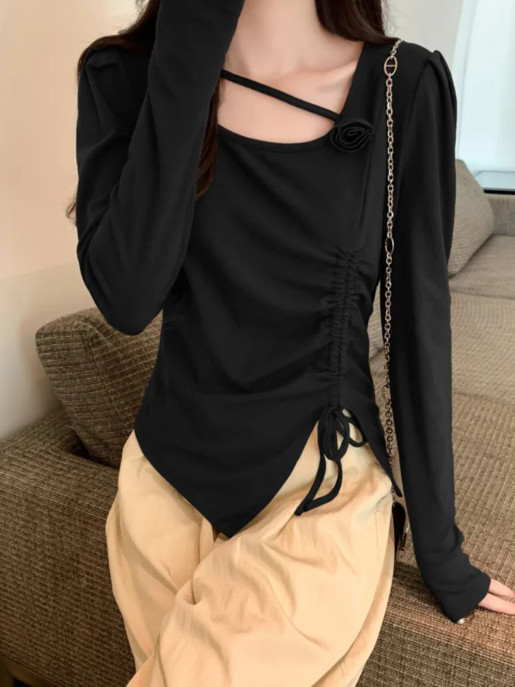 Ankela Red ort Sve Dames T-shirt Koreaanse Sle Long Sve Base irt Herfst Faion Skin ow Inner Wear Woon-werk Wind