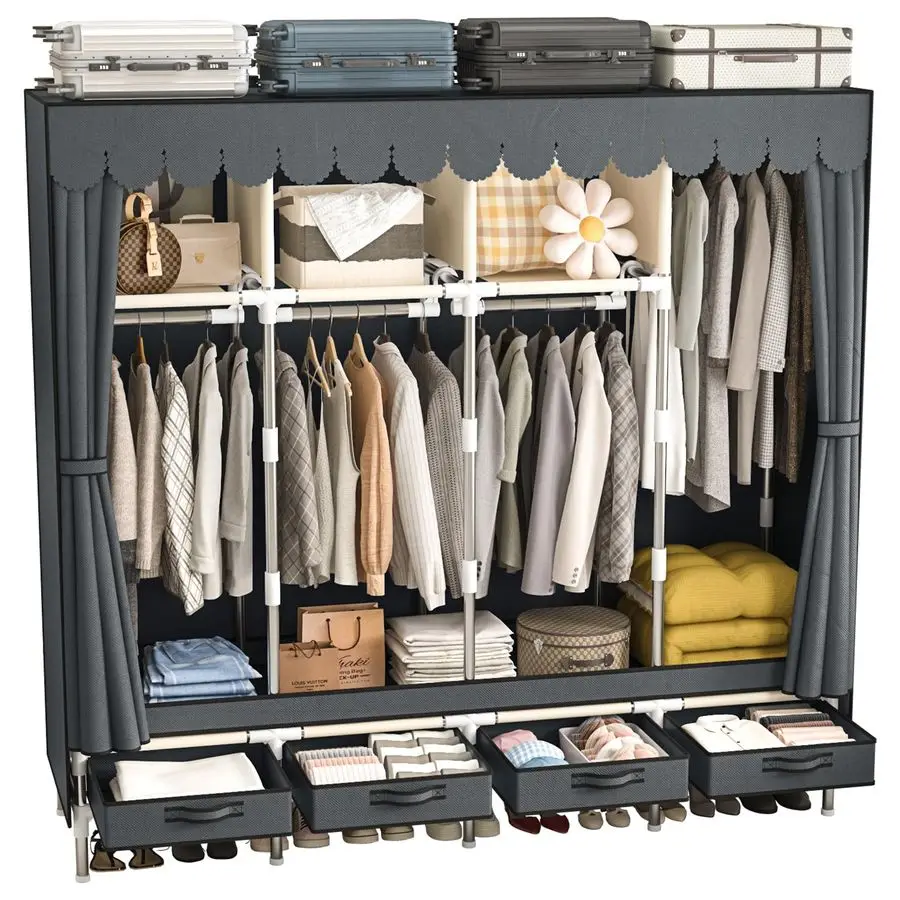 

Portable Wardrobe with 4 Hanging Rods and Drawers, Armoire, Metal Storage Wardrobe Hangers, Upgraded Grey NonWoven Dust Cover f
