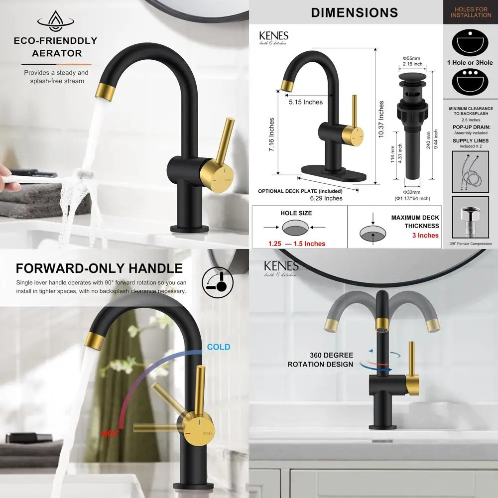 

Modern Black Gold Single Handle Faucet for Bathroom, Wet Bar, and Farmhouse Sinks with Drain and Deck Plate