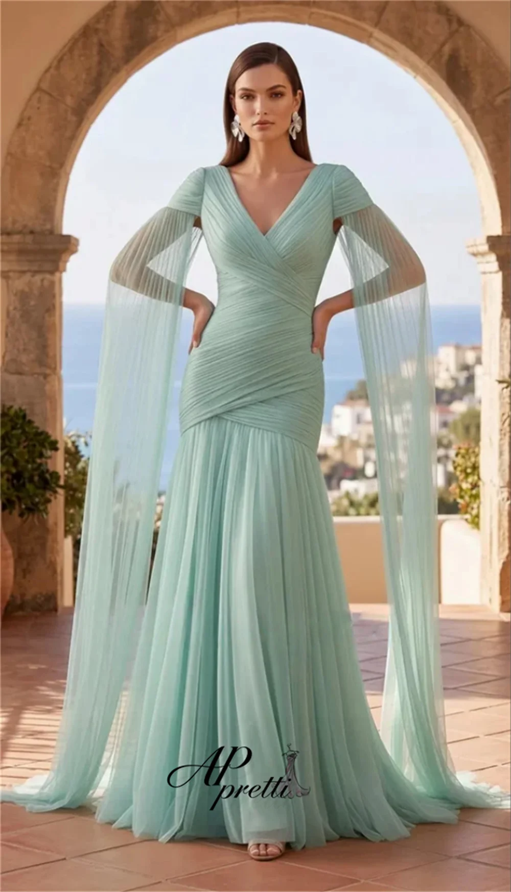 AP pretti Elegant Mint Green Tulle Pleated Mermaid Evening Gown Dress V Neck Cape Sleeve Party Dress Prom Gown Customized