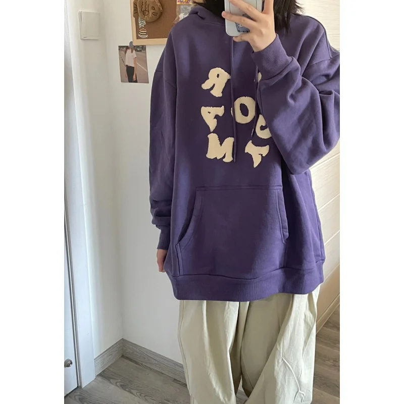 Purple Plush Long Sleeves Hooded Women Autumn Letter Embroidery Shirt Korean Fashion Baggy Simplicity Casual Female TOP Shirt