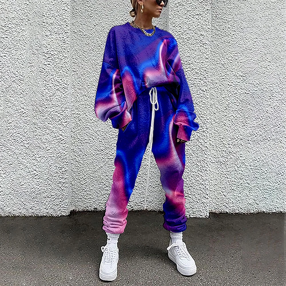 Women Tracksuit Color Print 2 Piece Outfit Sweatshirt+Straight Sweatpants Matching Set Fitness Sporty Streetwear 4XL