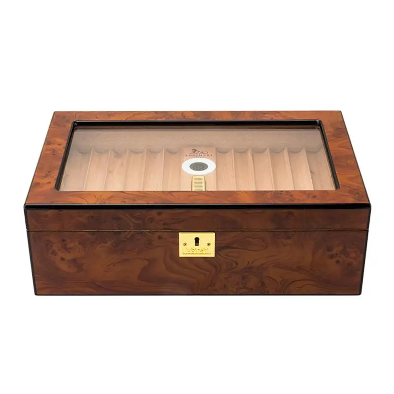 

Luxury Glass Top Cedar Wood Cigar Humidor, Double Layer Cigar Humidifier Storage Box, Hygrometer, Hold 50 Cigars Humidor, CH-034