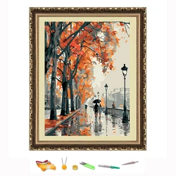 Cross Stitch Embroidery City Street View In Autumn Landscape Thread Drawing DIY Needlework Kit Decorate Printed on Canva 11CT