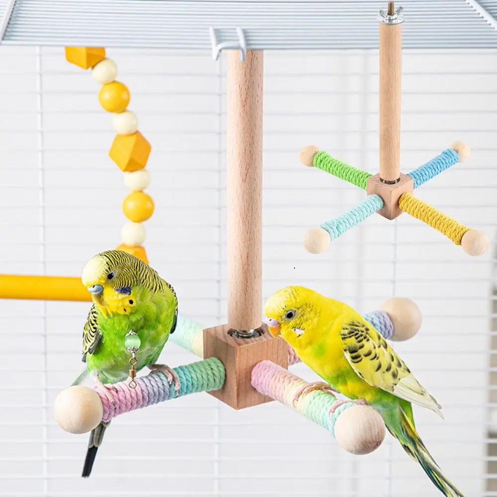 

Solid Wood Rotary Tabletop Bird Perch Detachable Comfortable Grip Parrot Play Rack Quiet With Bells Birds Grinding Perch Holder