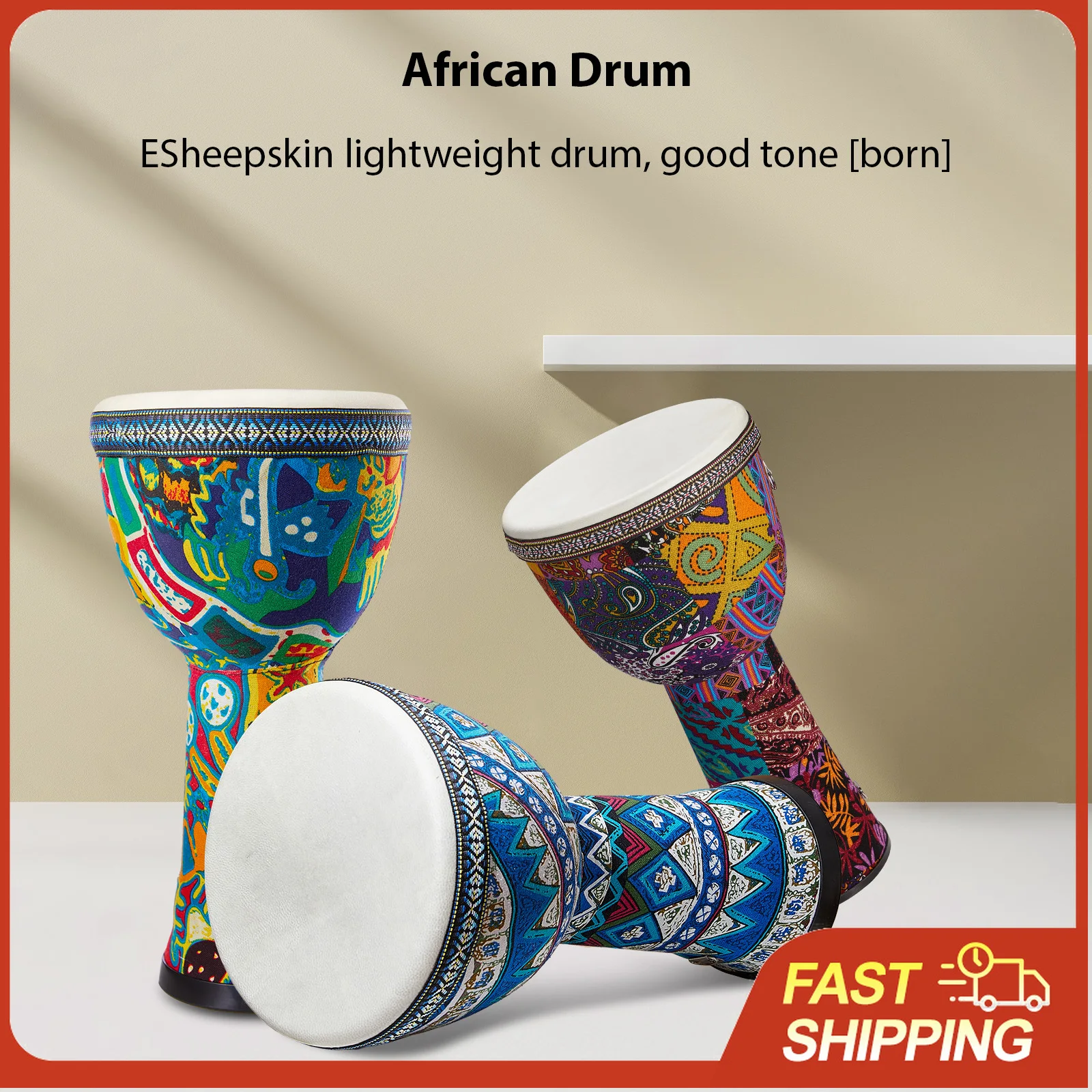 8in African Hand Drum PVC Goat Skin Lightweight Pre-Tuned Handmade Beginner Instrument Gift Home Decor Festival Camping