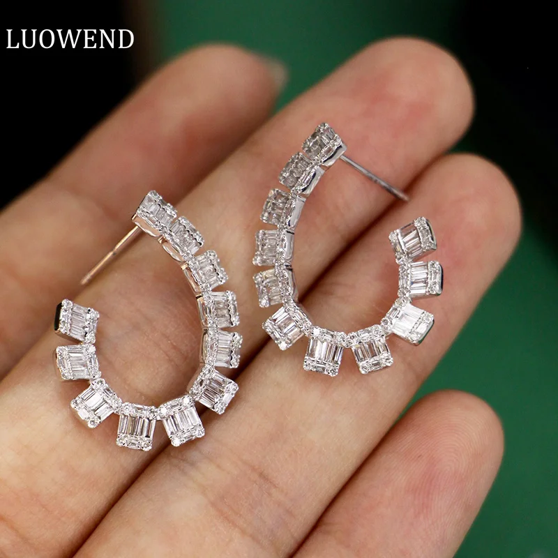 LUOWEND 18K White Gold Earrings Luxury Curved Design 1.58carat Real Natural Diamond Drop Earrings for Women High Wedding Jewelry