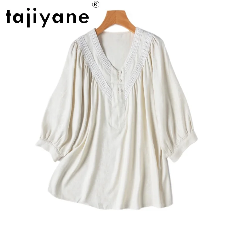 

TAJIYANE 100% Real Mulberry Silk T Shirts Woman Elegant White V-neck T Shirt 30 Mommes Summer Tops 2025 Ladies Clothes Футболка