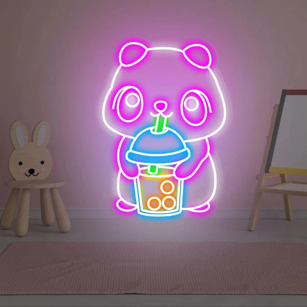 

Anime Neon Sign Cute Bear Drink Bubble Tea Neon Signs for Coffee Shop Boba Tea Store Decoration Led Light Animal Wall Decor