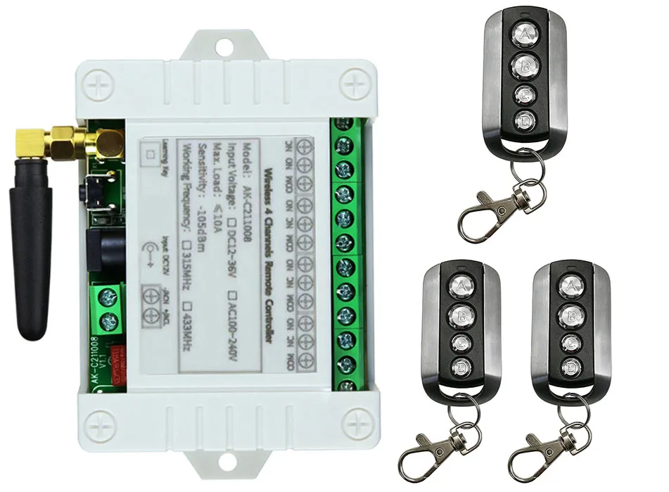 Universal Wireless Remote Control Switch DC 12V 24V 36V 4CH 10A Relay Receiver Module With 4 Channel RF 433 Mhz Transmitter
