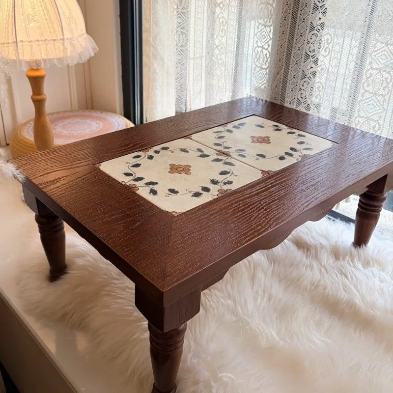 Solid Wood Bay Window Coffee Tables Retro Exquisite Creative Movable Coffee Tables Home Living Room Balcony Decorative Furniture