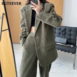 BGTEEVER Autumn Loose Corduroy Women Blazer Set Long Sleeve Single-breasted Suit Jacket Female Wide Leg Trousers Set for Women