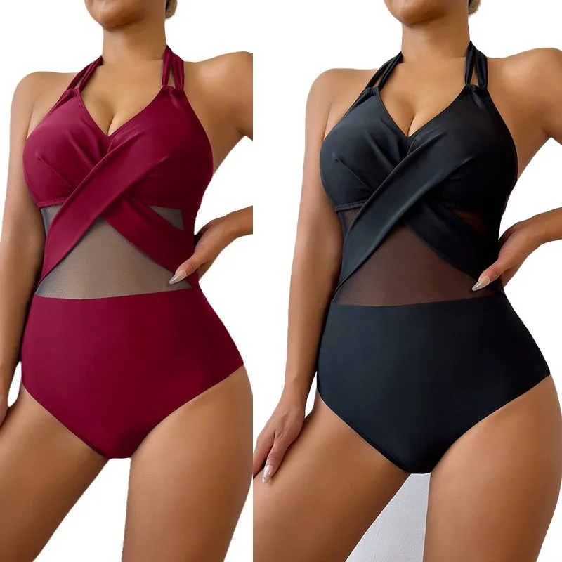 

Solid Conservative Swimwear Women Hollow Out Spliced Mesh Halter One Piece Swimsuit 2025 New Casual Sexy Skinny Bikini Bodysuit