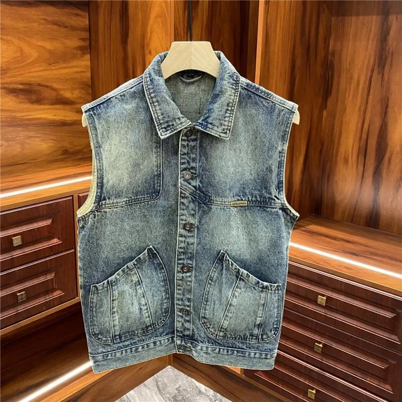 

Винтажный американский джинсовый жилет для мужчин, свободная куртка с воротником и карманами на молнии, многослойная весна-осень ​