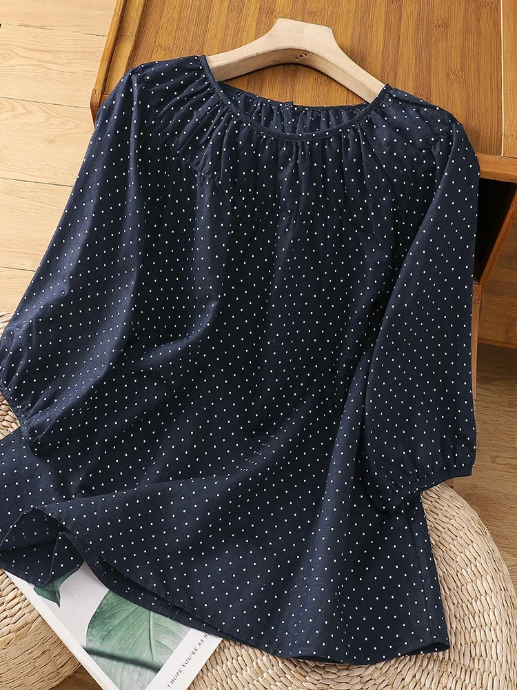 

Retro Cotton Linen Polka Dot irt Women Summer Sli Loose round Ne Five Sve Cotton Linen T irt Top