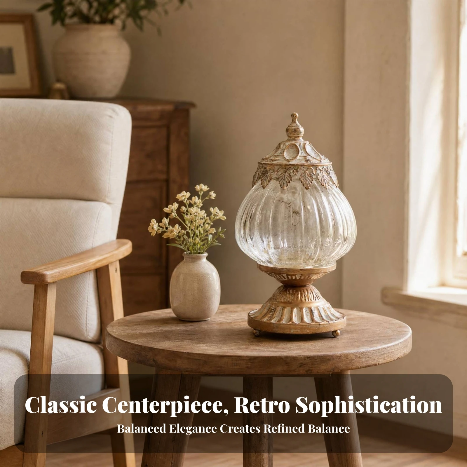 Vintage Ribbed Glass Lantern Ornately Detailed Decorative Object for Home Shelf or Tabletop Decor Display Use view 3