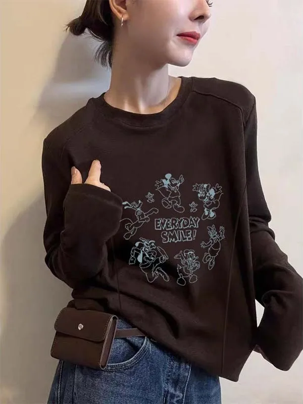 เสื้อยืดผู้หญิงลายการ์ตูนดีไซน์แฟชั่นอเนกประสงค์ ผ้าคาราเมล ฟิโบน เวลเวท บรูด ทรงกลม แขนยาว ให้ความอบอุ่น เหมาะสำหรับเป็นเสื้อตัวใน