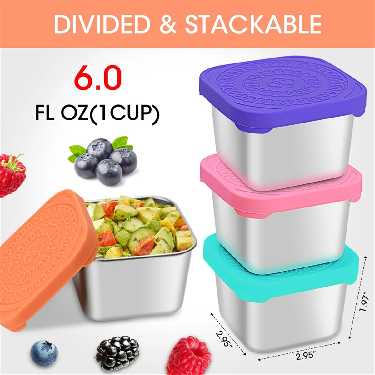 4Pack Stainless Steel Snack Containers for Kids, Leak-Proof Metal Food Storage Containers Stackable Mini Lunch Box(6Oz)