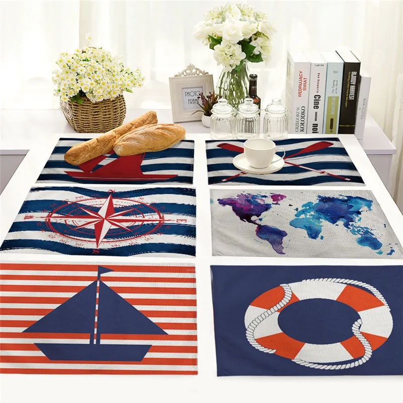 Nautical Anchor Kitchen Decor Boho Placemat Coaster Cotton Linen place mat Pad Dish Coffee Cup dinner Table cloth Mat 42*32cm