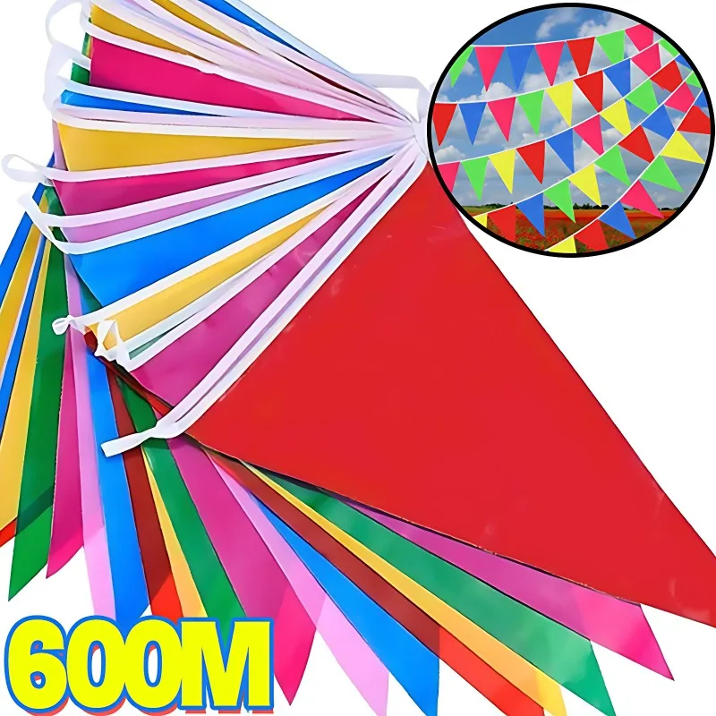 Banderines triangulares multicolores de 600/50m, banderines de tela de nailon, banderín para Festival, decoración colgante colorida para el hogar y la boda al aire libre