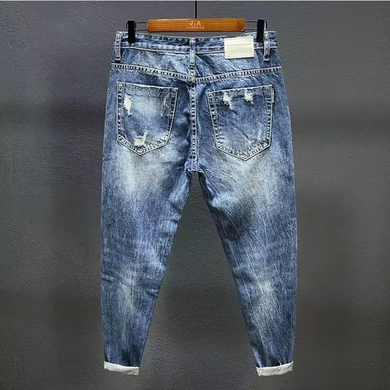 Męskie jeansy retro z dziurami i efektem zniszczenia, luźne, proste, krótkie, w stylu koreańskim, dżinsowe spodnie beggar.