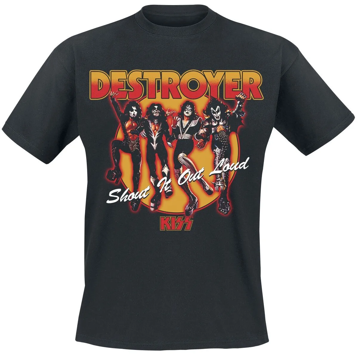 Camiseta del álbum KISS Destroyer, camiseta de glam rock con pose clásica de la banda en el escenario y estampado de "Shout It Out Loud", mercancía para fanáticos del rock
